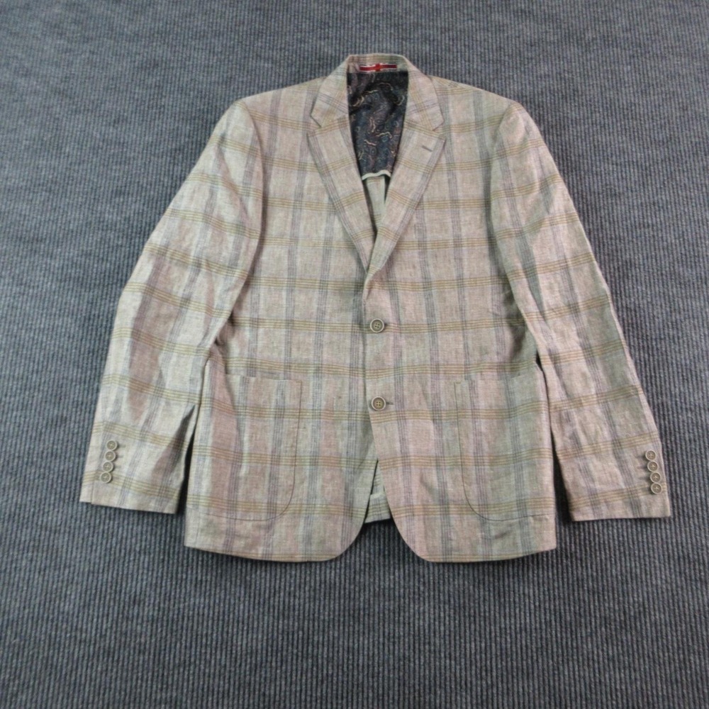 English Laundry Blazer Mens Medium Beige Plaid Linen-Blend Notch Lapel NWOT